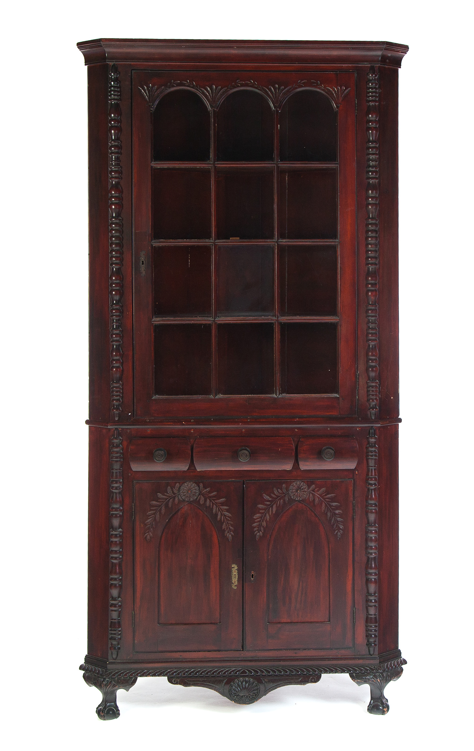 Appraisal: AMERICAN CORNER CUPBOARD Ca - cherry and pine Twelve-pane two-piece