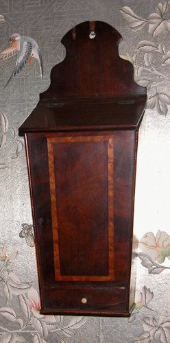 Appraisal: Title Inlaid Mahogany Hanging Pipe Box Medium mahogany Dimensions x