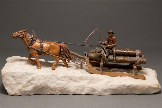 Appraisal: Continental cold painted bronze figural group of horse-drawn logger's sleigh