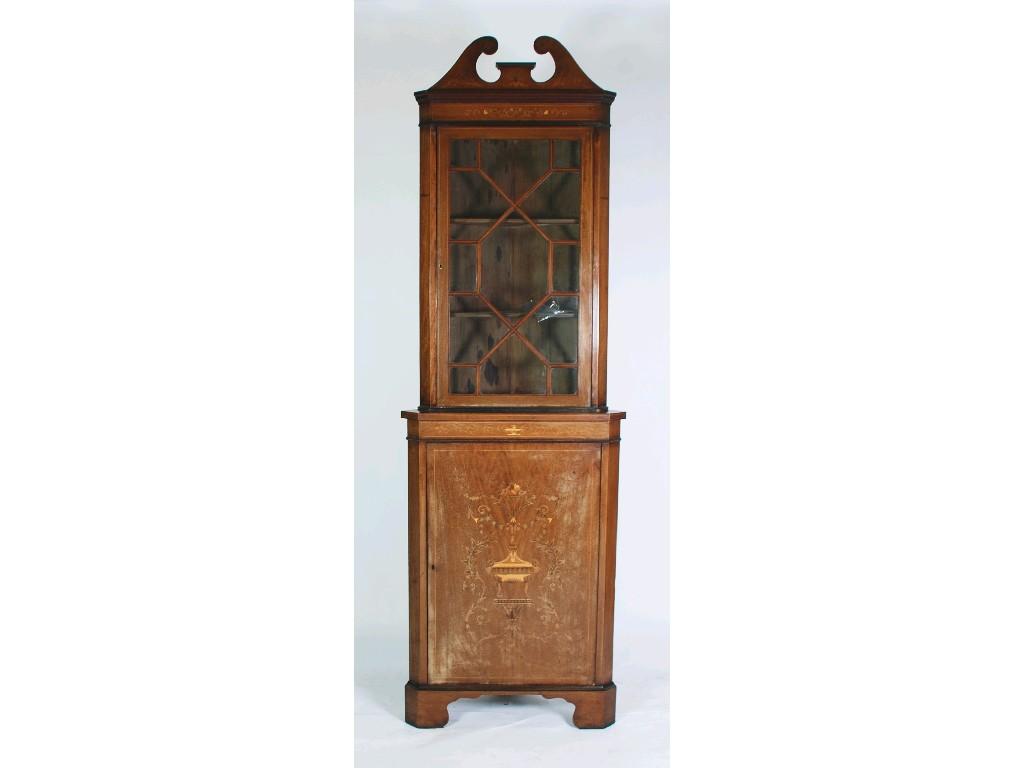 Appraisal: EDWARDIAN MARQUETRY AND LINE INLAID MAHOGANY DOUBLE CORNER CUPBOARD the