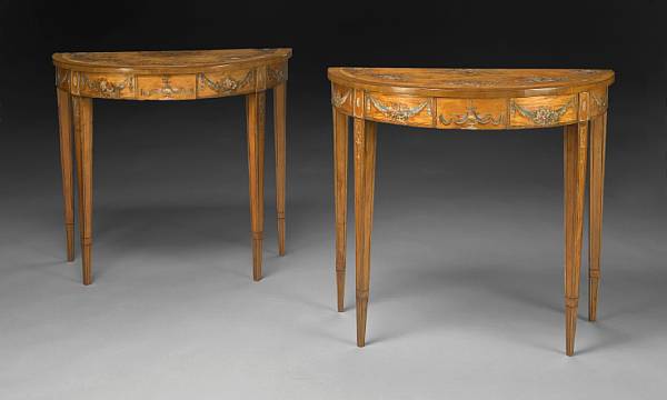 Appraisal: A pair of George III paint decorated satinwood console tables