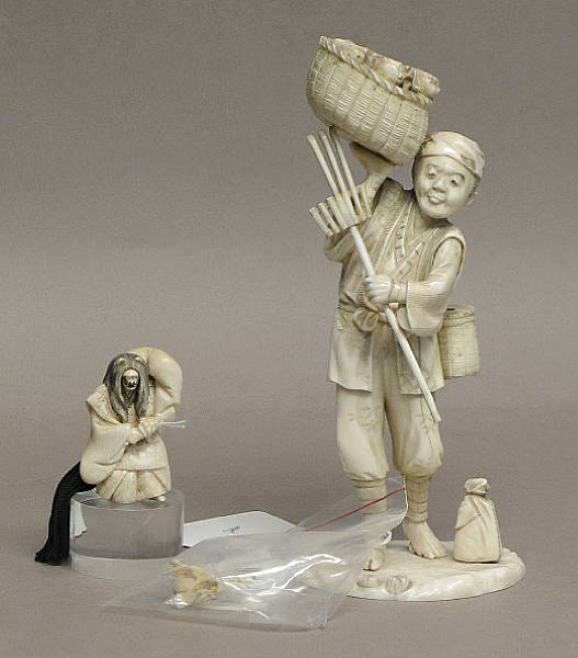 Appraisal: Two pieced ivory figural carvings The first depicting a farmer