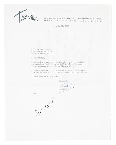 Appraisal: A Marilyn Monroe received letter from William Travilla Typed on