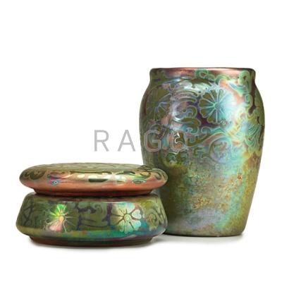 Appraisal: JACQUES SICARD - WELLER Vase and lidded box with iridescent