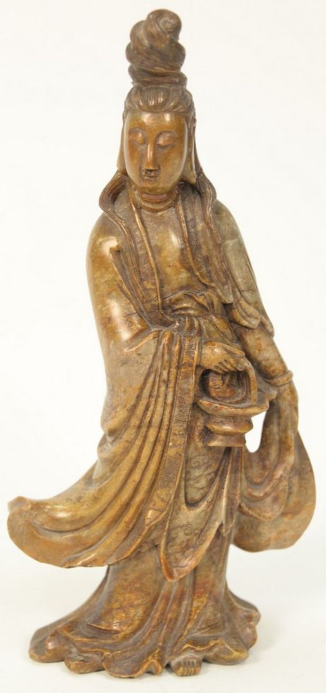 Appraisal: Chinese Carved Soapstone Figure standing Guanyin wearing a robe intricately