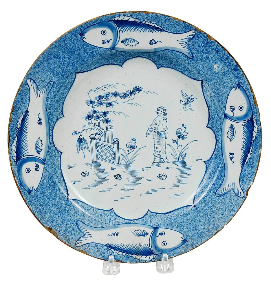 Appraisal: London Delftware Powdered Blue 'Fish' Plate circa - painted with