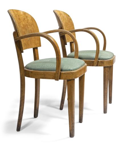 Appraisal: PAIR OF ART DECO ARMCHAIRS BY THONET with curved solid