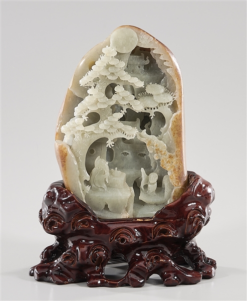 Appraisal: Chinese carved jade mountain with stand x approx