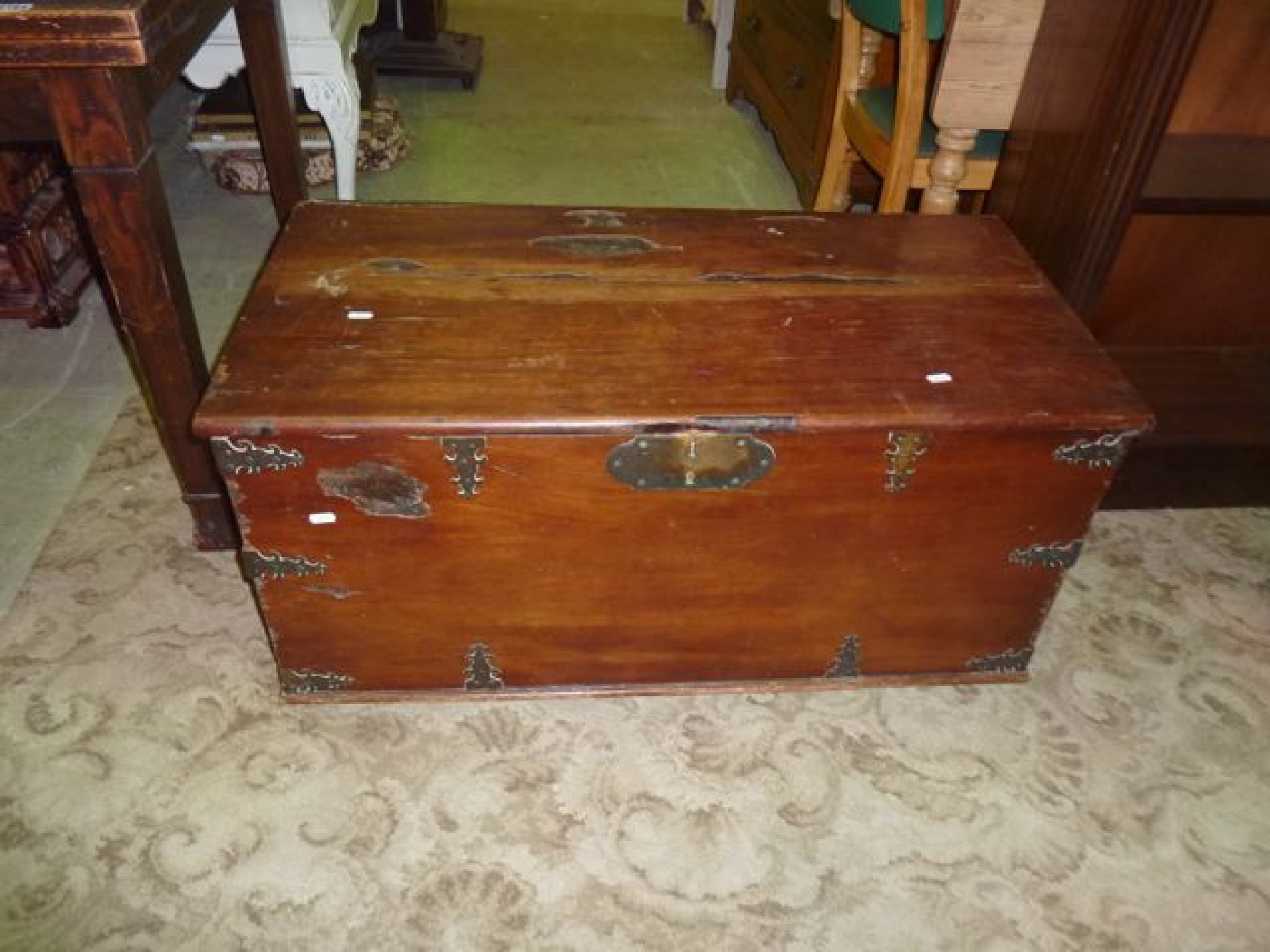 Appraisal: An antique chest walnut veneered on oak hinged lid decorative