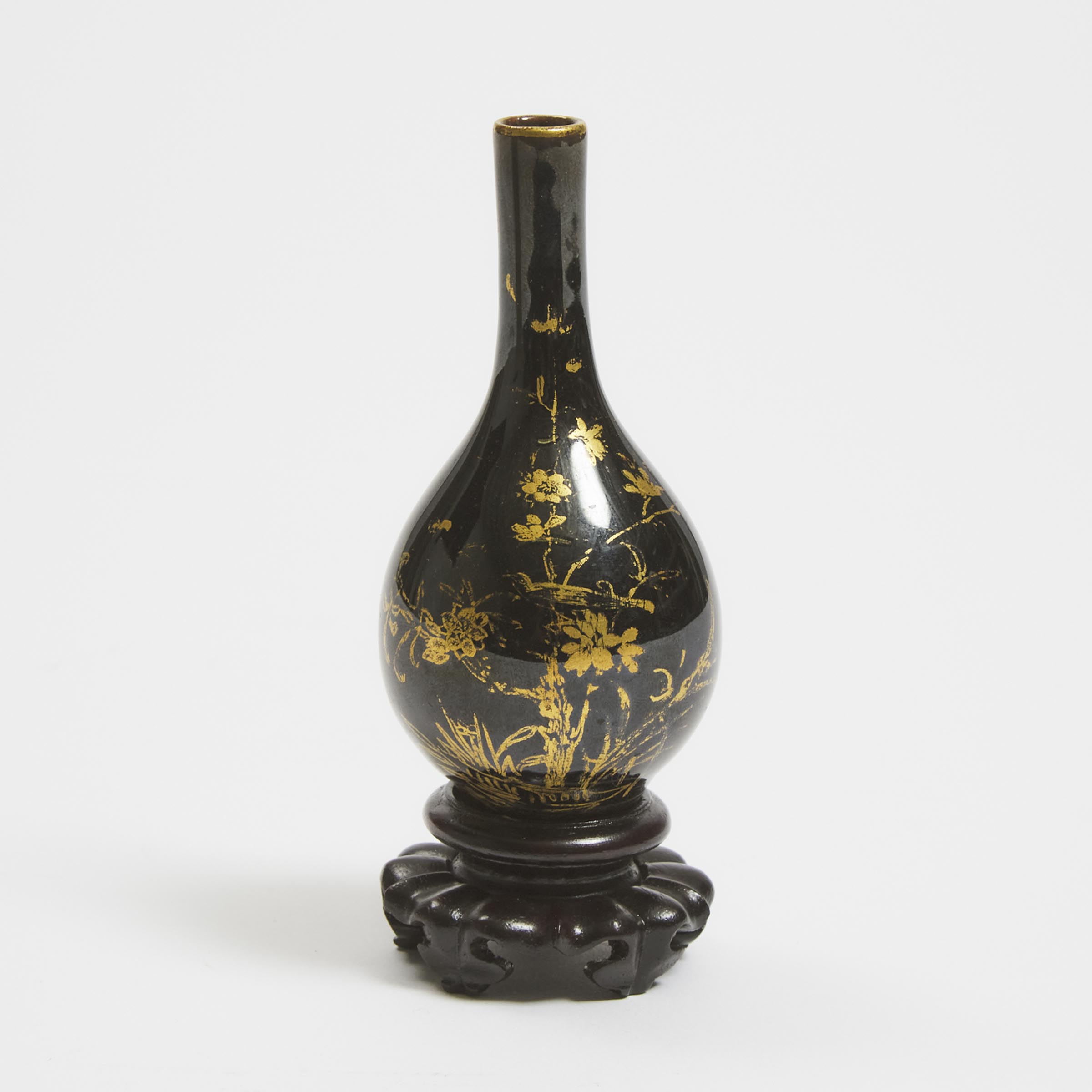 Appraisal: A Gilt-Decorated Black-Glazed 'Floral' Vase th Century with customized stand