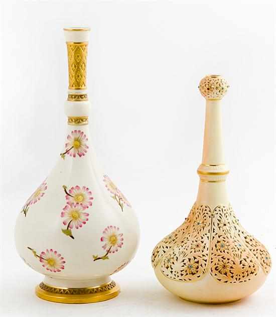 Appraisal: English porcelain Aesthetic-style bottle vases dated and Royal Worcester ivory-colored