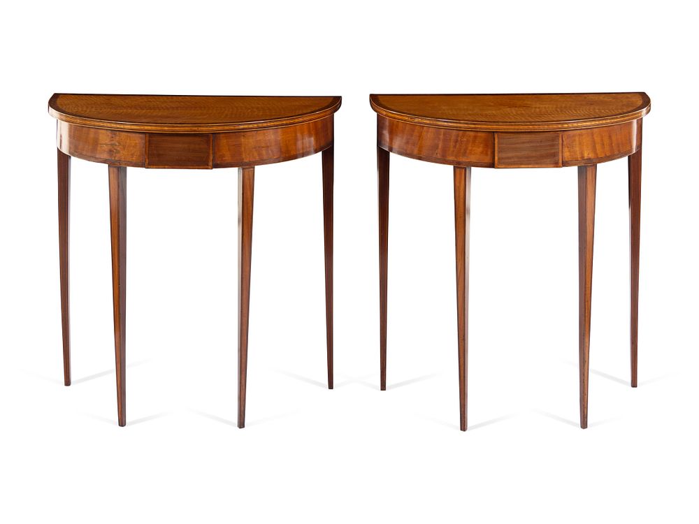 Appraisal: A Pair of Regency Satinwood and Mahogany Demilune Console Tables