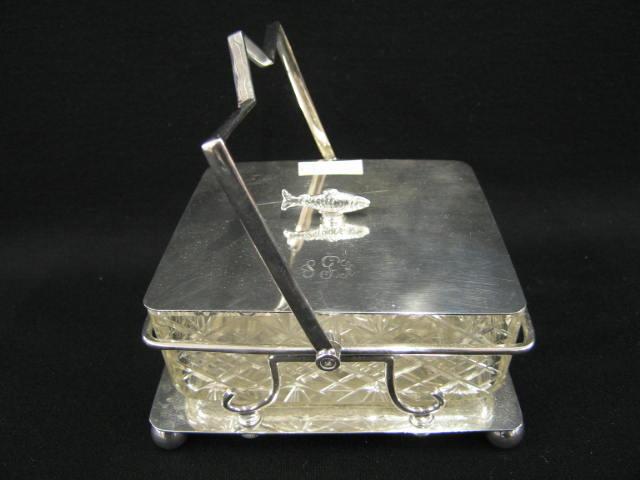 Appraisal: English Silverplate Cut Crystal Sardine Box swing handle fish on