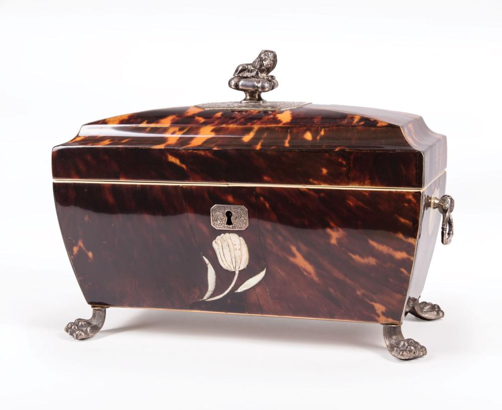 Appraisal: Fine Continental Silver and Mother-of-Pearl Inlaid Tortoiseshell Tea Caddy c