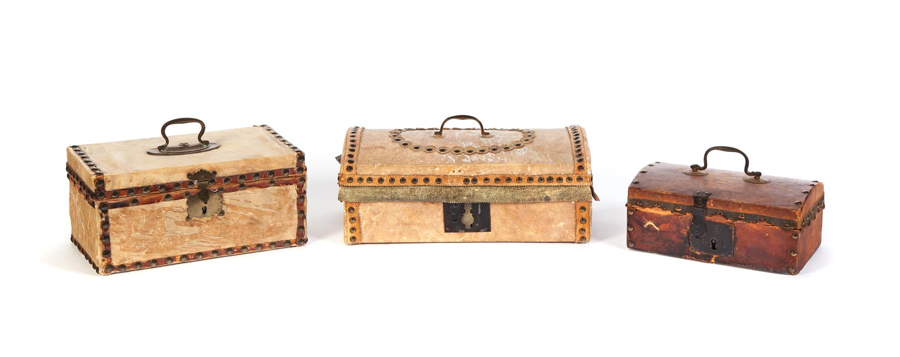 Appraisal: THREE HIDE COVERED DOCUMENT BOXES WITH TAC DECORATION American nd