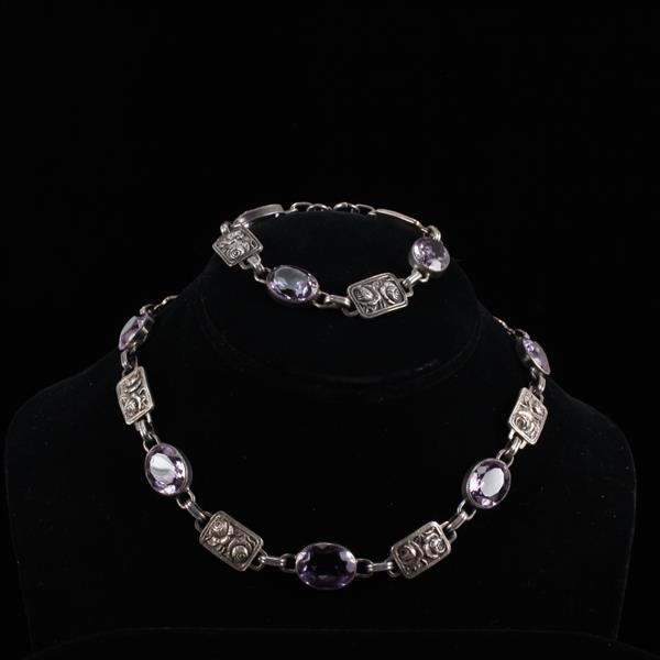 Appraisal: Sterling Silver Roses and Amethyst Necklace Bracelet Set necklace bracelet