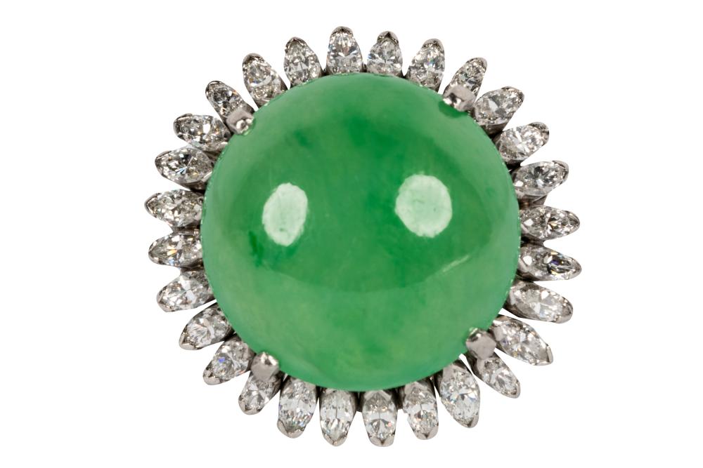 Appraisal: PLATINUM DIAMOND JADE RINGcentering one round double cabochon jadeite jade