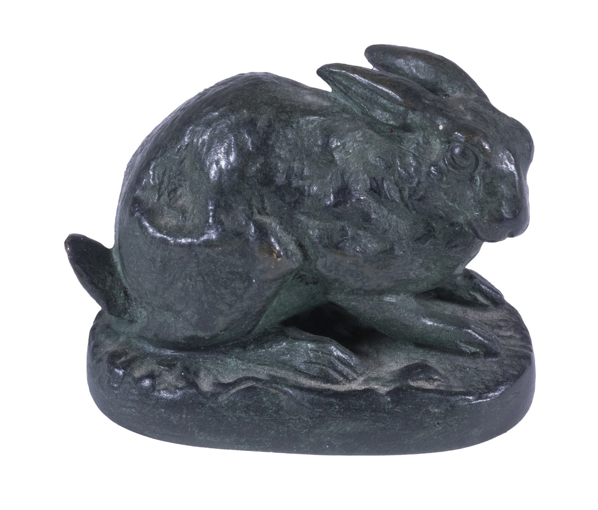 Appraisal: ALFRED DUBUCAND FRANCE - Recumbent Rabbit verdigris patinated bronze sculpture