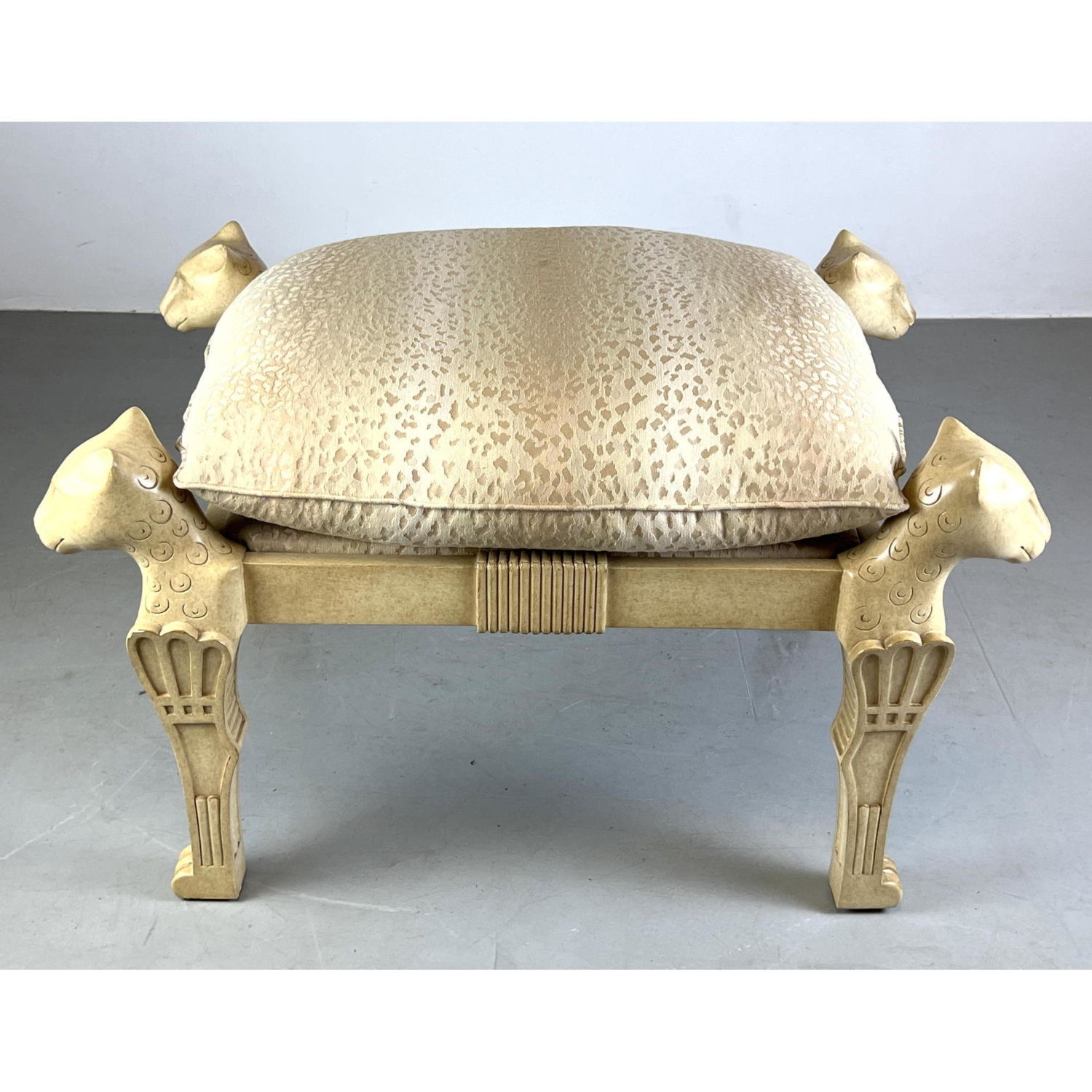 Appraisal: Marge Carson Bench Stool Egyptian Cat head finials Animal print