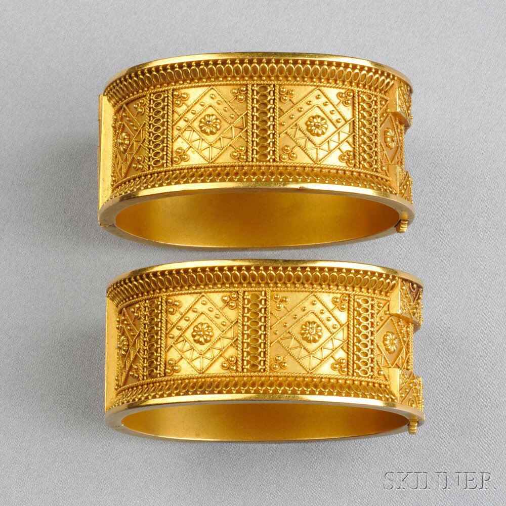 Appraisal: Pair of Etruscan Revival Gold Bracelets each wide hinged bangle