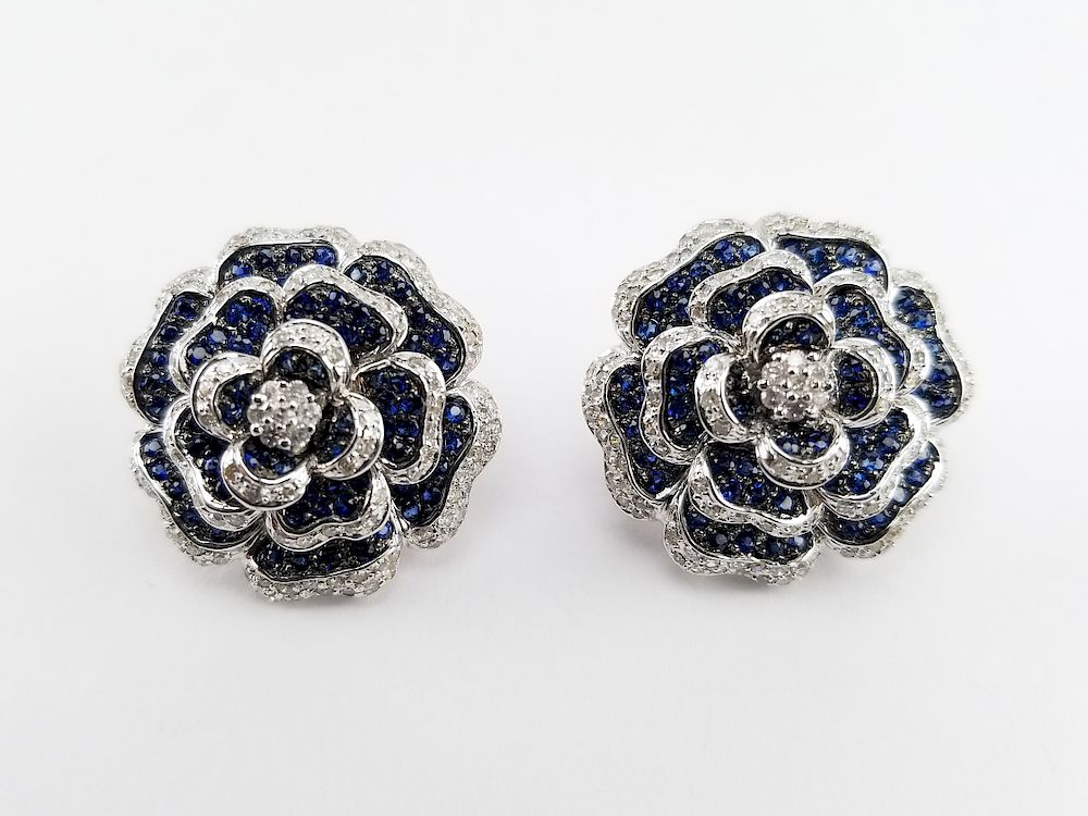 Appraisal: K White Gold Sapphire Diamond Flower Earrings K White Gold