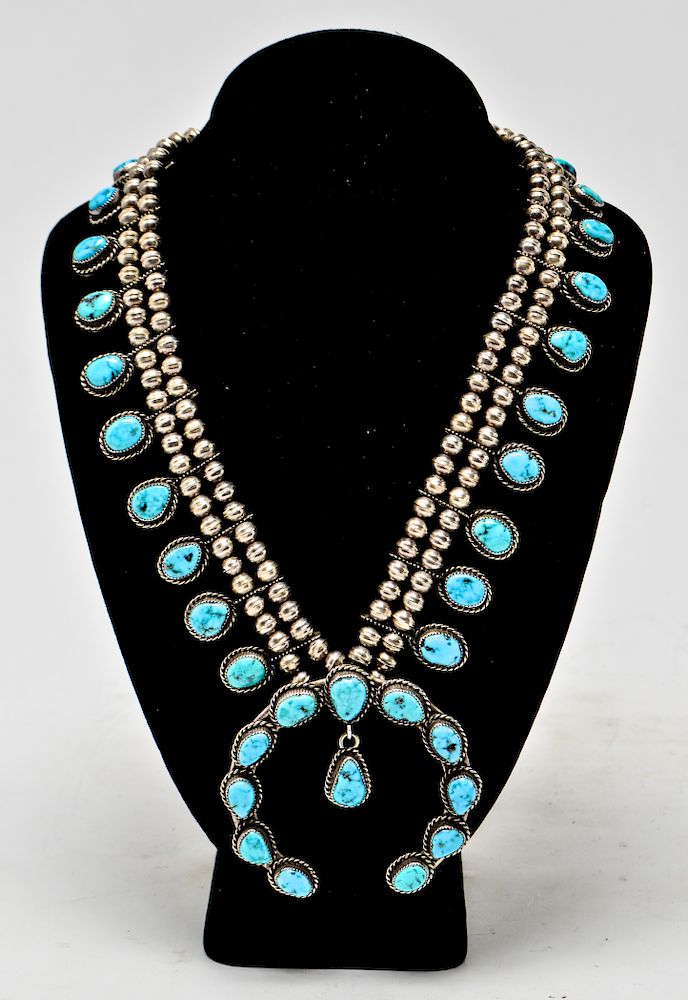 Appraisal: Navajo Silver Turquoise Squash Blossom Necklace E Sandoval Native American