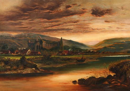 Appraisal: CONTINENTAL SCHOOL th century CASTLE AT RIVERSIDE oil on canvas