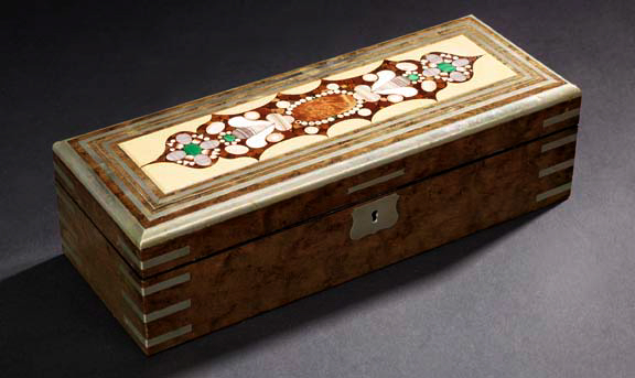 Appraisal: Italian Nickel-Mounted Pietra Dure and Stained Bird's-Eye Maple Glove Box