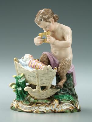 Appraisal: Meissen figure satyr or Pan blowing pipes child in cradle