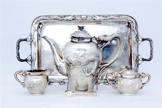 Appraisal: Japanese sterling tea service with tray mid th century handle