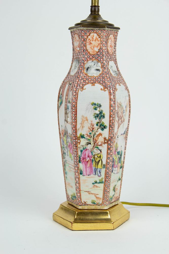 Appraisal: Chinese Famille Rose Hexagonal Vase as a Lamp Late th