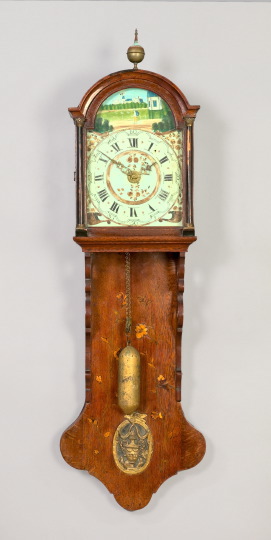 Appraisal: Inlaid Oak Wag-on-the-Wall Clock second quarter th century the arched