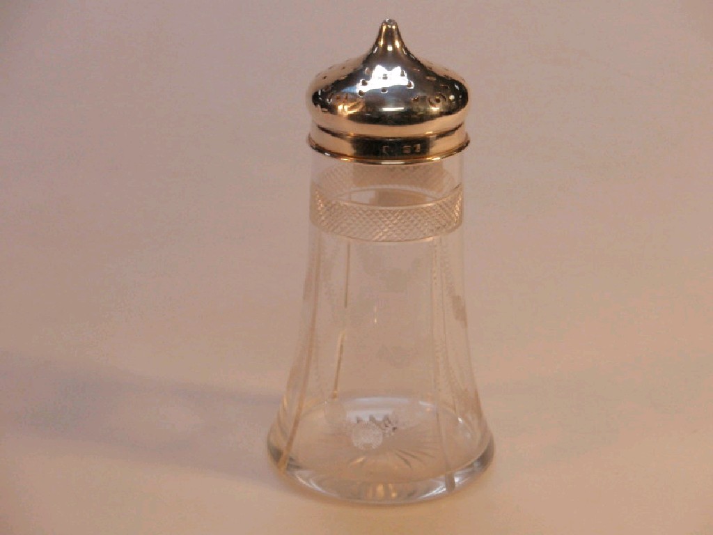 Appraisal: An early thC engraved glass sugar castor with pierced silver