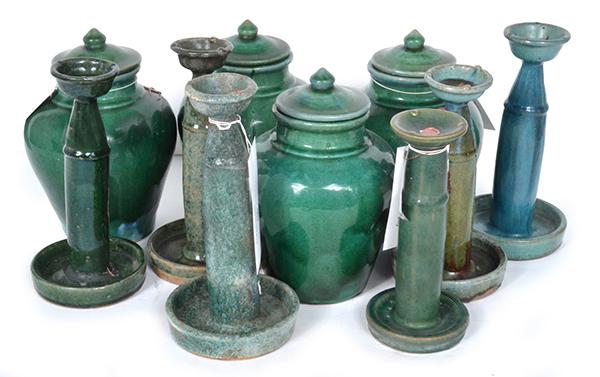 Appraisal: A COLLECTION OF CHINESE GREEN GLAZED CANDLESTICKS AND VASES including