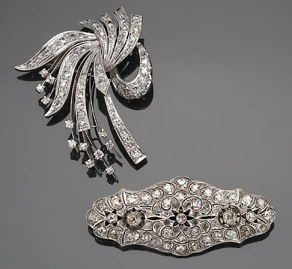 Appraisal: Two diamond brooches estimated total diamond weight carats mounted in