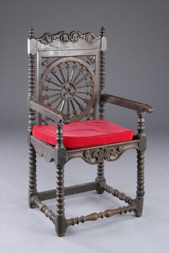 Appraisal: JACOBEAN TURNED GREAT CHAIR th century with replacements Scroll-carved crest