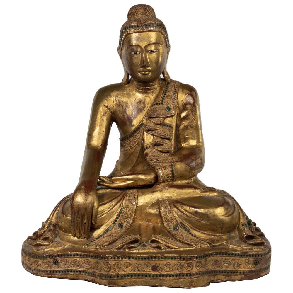 Appraisal: MANDALAY GILT WOOD BUDDHASeated Buddha having hand in Bhumisparsha position