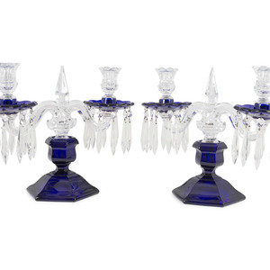 Appraisal: A Pair of Cobalt and Clear Molded Glass Two-Light Candelabra