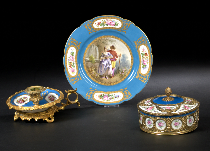 Appraisal: French Gilded Reticulated Brass-Mounted Porcelain Circular Covered Powder Box first