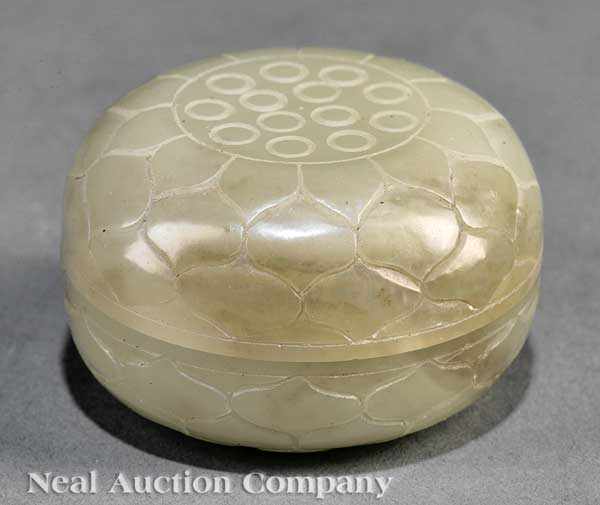 Appraisal: A Chinese Celadon Jade Circular Box and Cover carved in