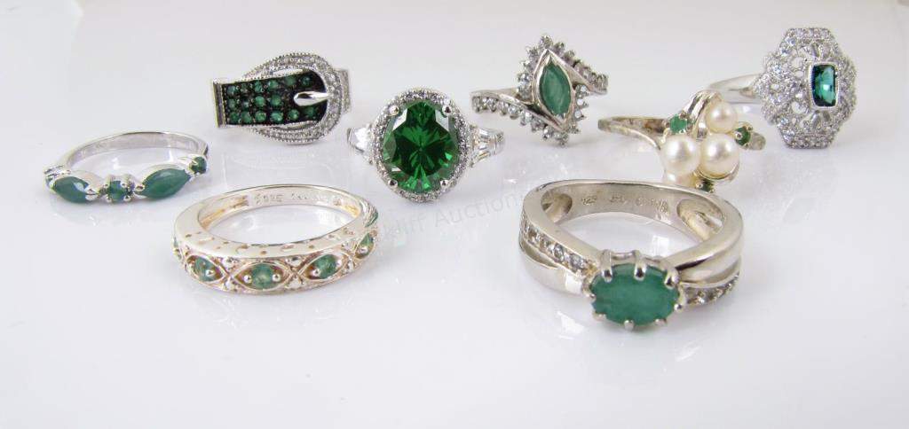 Appraisal: Eight sterling silver rings featuring green stones