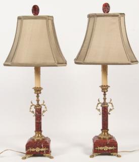 Appraisal: PAIR OF FRENCH GILT BRONZE MOUNTED ROUGE MARBLE CANDLESTICKS PAIR