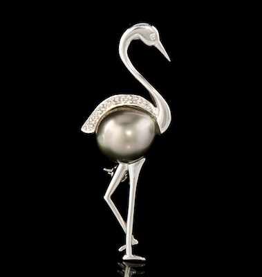 Appraisal: A Ladies' Gold Pearl and Diamond Flamingo Brooch k white