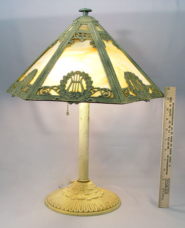 Appraisal: VINTAGE RINAUD SLAG GLASS TABLE LAMP panel conical shade with