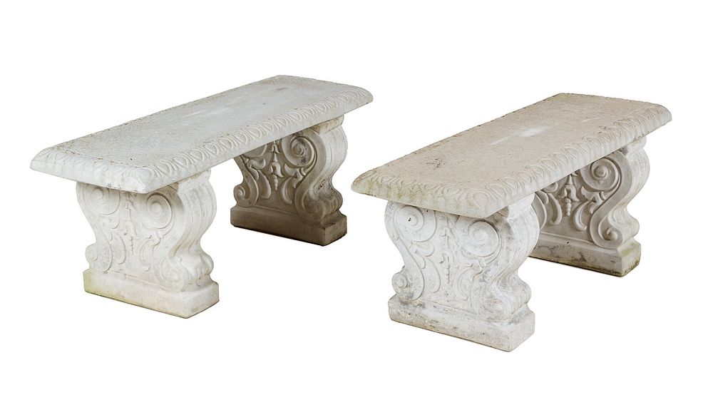 Appraisal: A Pair of Cast Stone Garden Benches A Pair of