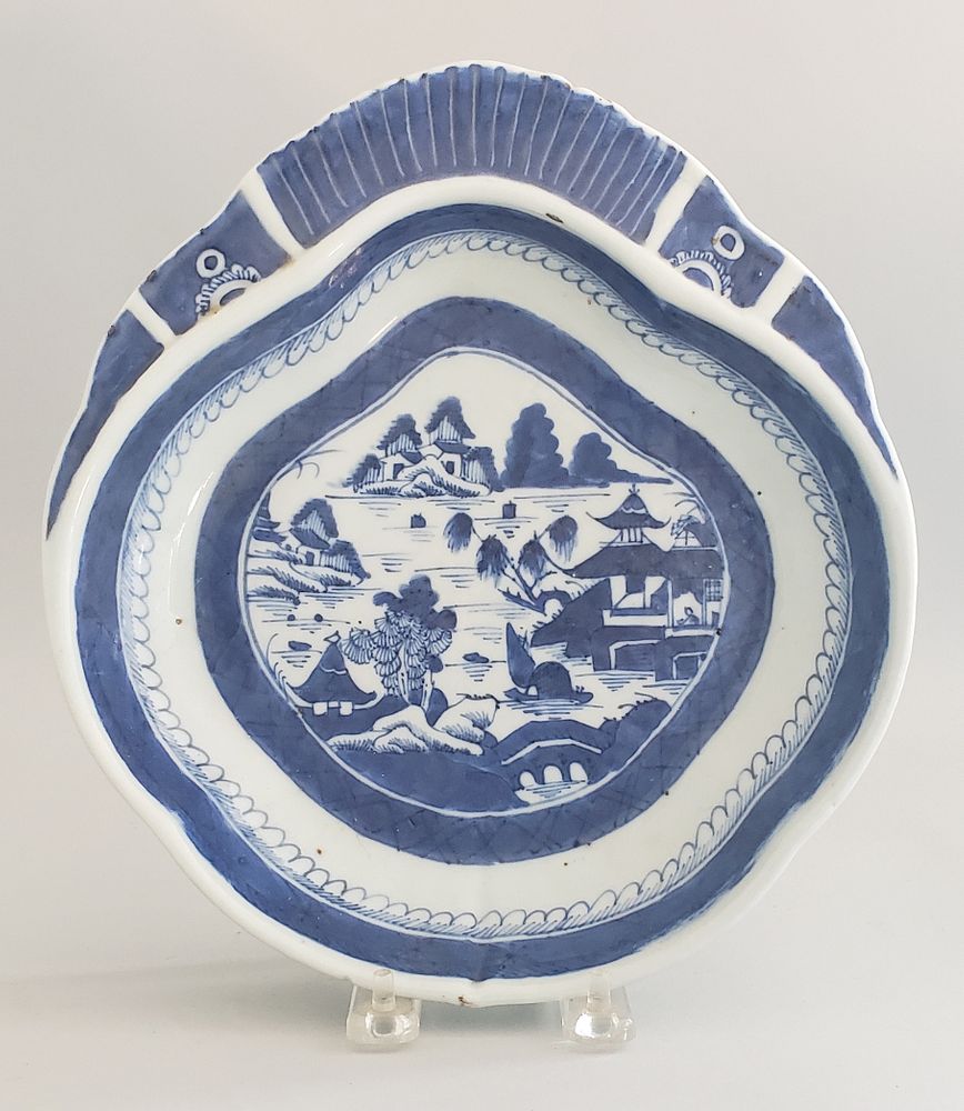 Appraisal: Blue and White Canton Shrimp Dish th Century Blue and