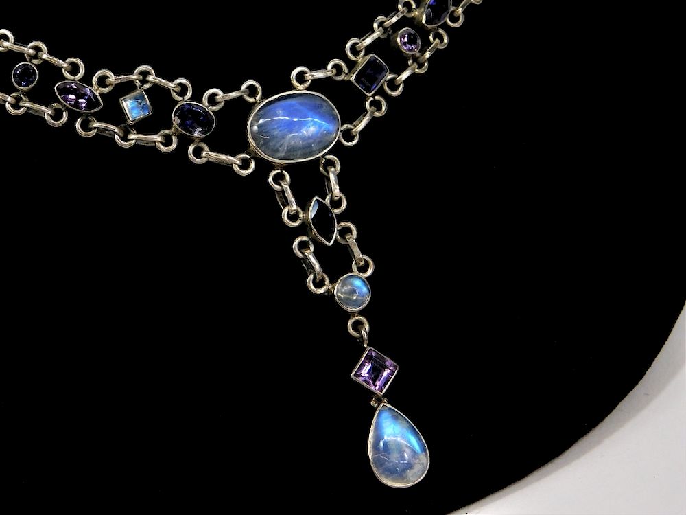 Appraisal: Estate Sterling Silver Drop Neckline Necklace China Contemporary Iridescent stones