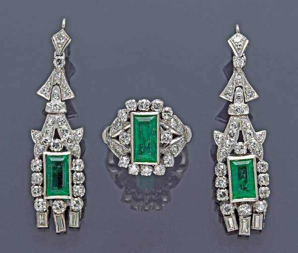 Appraisal: A set of emerald and diamond jewelry comprising a ring