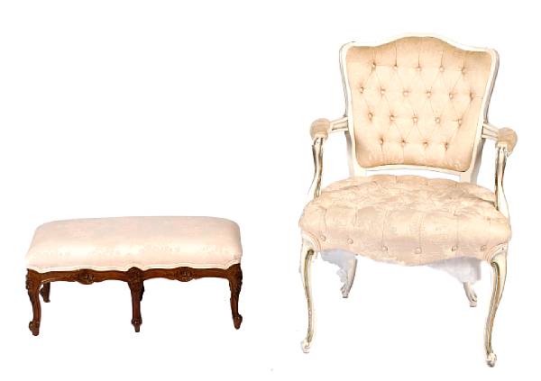 Appraisal: An Italian Rococo style bench together with a similar upholstered