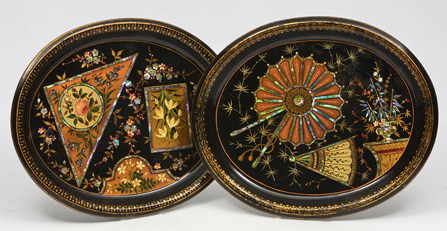 Appraisal: A PAIR OF VICTORIAN OVAL TOLEWARE SALESMAN'S TRAY SAMPLES decorated